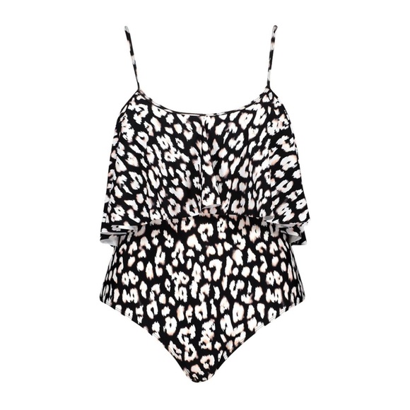 Boohoo Mono Leopard Drape Sleeve One Piece NWT - Picture 2 of 13